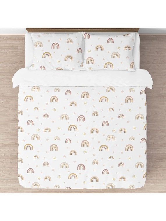 Boho Rainbow Girl Full/Queen Bedding Set Kid Comforter Childrens Size - 3 Pieces - Blush Pink Dusty Rose Gold Yellow Mauve Taupe Beige Tan Bohemian Stars Sun Celestial Vintage Sky
