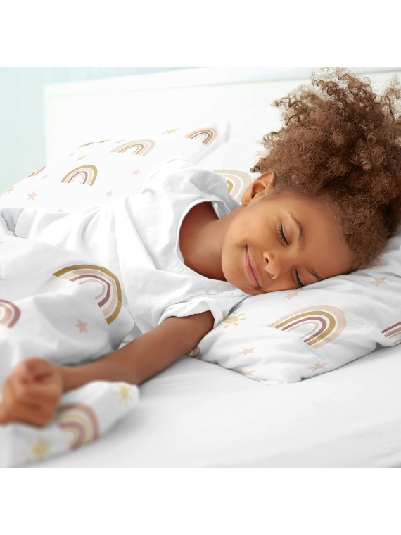 Boho Rainbow Girl Full/Queen Bedding Set Kid Comforter Childrens Size - 3 Pieces - Blush Pink Dusty Rose Gold Yellow Mauve Taupe Beige Tan Bohemian Stars Sun Celestial Vintage Sky