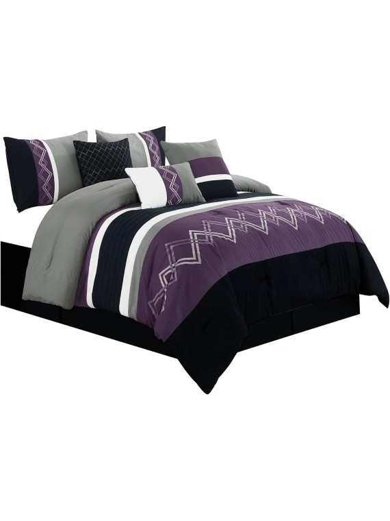 Collection Arden 7-Piece Modern Pleated Stripe Embroidered Zigzag Bedding Comforter Set (King, Purple/Black/Gray/White)