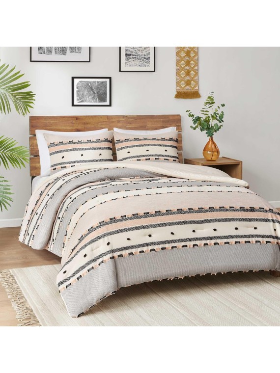 Modern Farmhouse Comforter Set King, Boho Tufted Bedding, Cotton Top with Neutral Rustic Style Clipped Jacquard Stripes Bed Sets, 3-Pieces Including Matching Pillow Shams (104