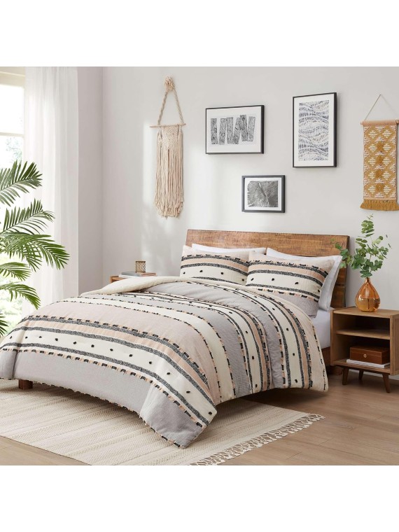 Modern Farmhouse Comforter Set King, Boho Tufted Bedding, Cotton Top with Neutral Rustic Style Clipped Jacquard Stripes Bed Sets, 3-Pieces Including Matching Pillow Shams (104