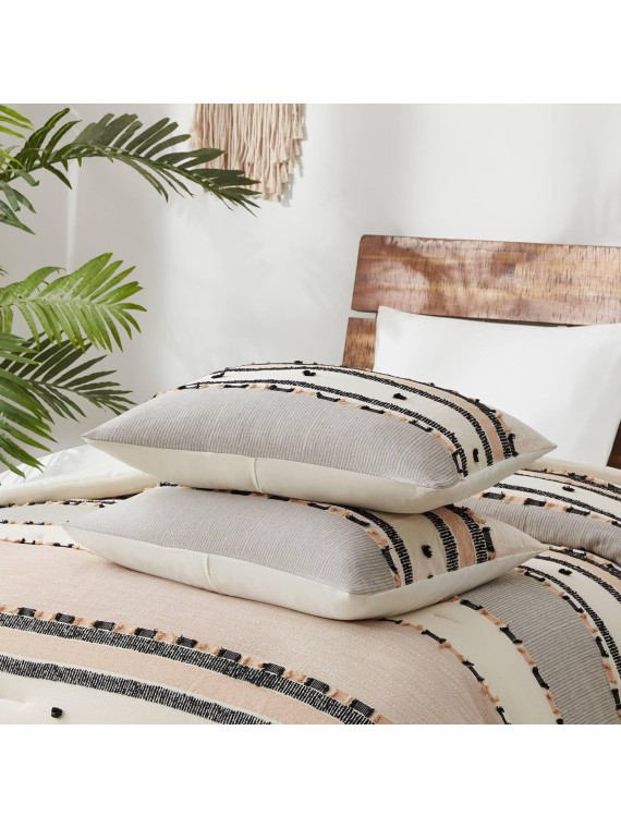 Modern Farmhouse Comforter Set King, Boho Tufted Bedding, Cotton Top with Neutral Rustic Style Clipped Jacquard Stripes Bed Sets, 3-Pieces Including Matching Pillow Shams (104