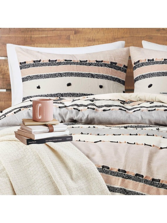 Modern Farmhouse Comforter Set King, Boho Tufted Bedding, Cotton Top with Neutral Rustic Style Clipped Jacquard Stripes Bed Sets, 3-Pieces Including Matching Pillow Shams (104
