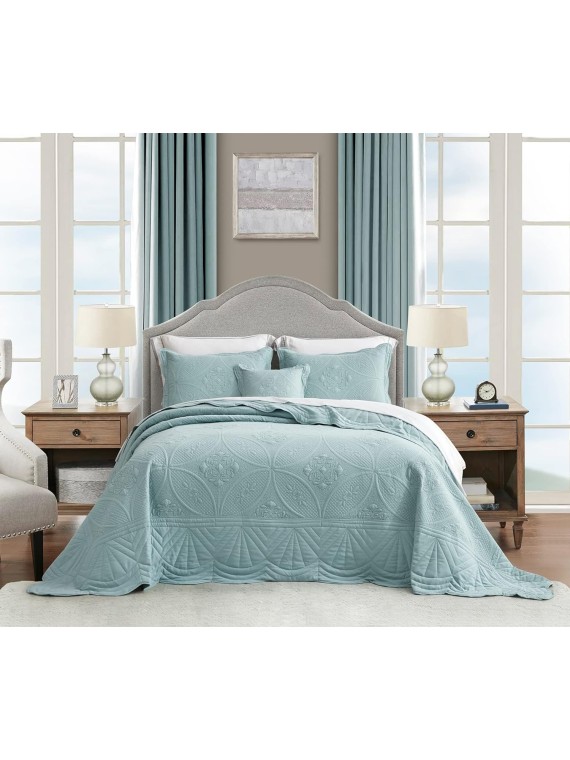 Oversized Bedspread - Queen Size Bedding Cover - Modern & Contemporary Coverlet Set, Real Stitching, Reversible, Lightweight, 4 Piece, Seaglass