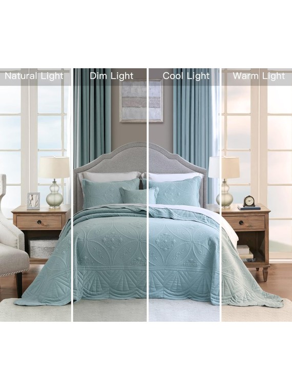Oversized Bedspread - Queen Size Bedding Cover - Modern & Contemporary Coverlet Set, Real Stitching, Reversible, Lightweight, 4 Piece, Seaglass