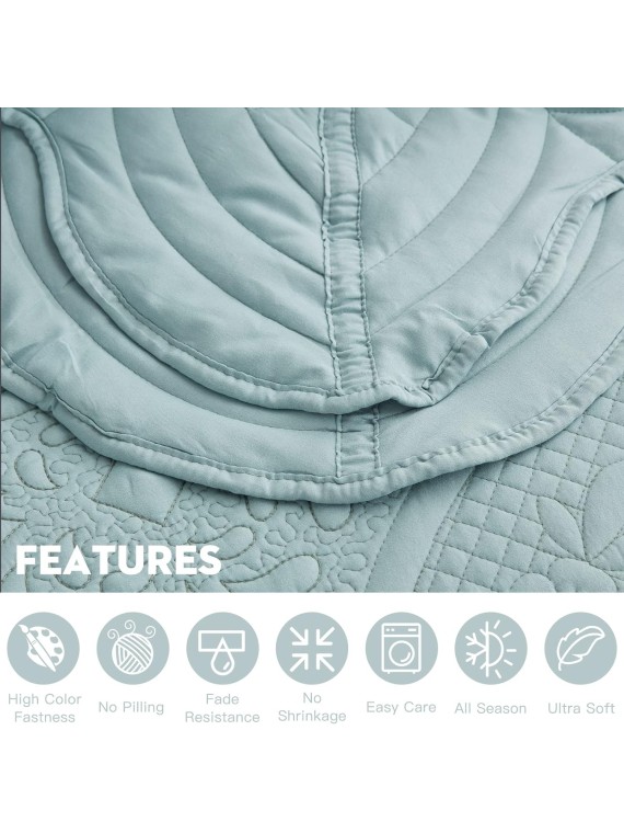Oversized Bedspread - Queen Size Bedding Cover - Modern & Contemporary Coverlet Set, Real Stitching, Reversible, Lightweight, 4 Piece, Seaglass