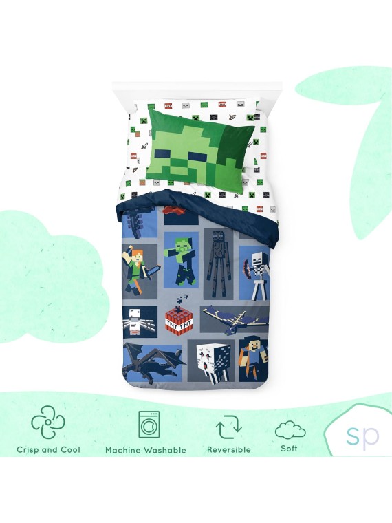 Minecraft Emblematic Twin Bed Set Features Creeper, Alex & Steve - 5 Piece 100% Organic Cotton Bedding - GOTS & Oeko-TEX Certified (Minecraft Official)