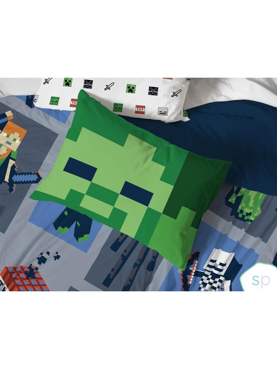 Minecraft Emblematic Twin Bed Set Features Creeper, Alex & Steve - 5 Piece 100% Organic Cotton Bedding - GOTS & Oeko-TEX Certified (Minecraft Official)