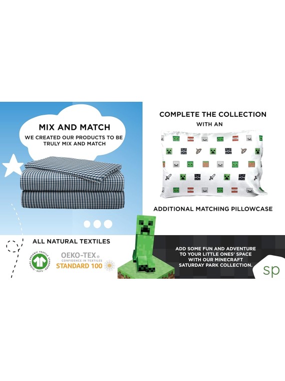 Minecraft Emblematic Twin Bed Set Features Creeper, Alex & Steve - 5 Piece 100% Organic Cotton Bedding - GOTS & Oeko-TEX Certified (Minecraft Official)