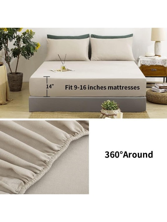 Linen Sheets Queen Size-100% Linen Bed Sheets Set Queen Size, 4Pcs Washed French Flax Linen Sheets Set with Durable Deep Pocket Fitted Sheet & Flat Sheet & 2 Pillowcases, Natural Linen Queen