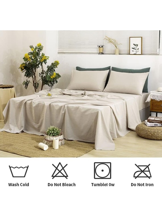 Linen Sheets Queen Size-100% Linen Bed Sheets Set Queen Size, 4Pcs Washed French Flax Linen Sheets Set with Durable Deep Pocket Fitted Sheet & Flat Sheet & 2 Pillowcases, Natural Linen Queen