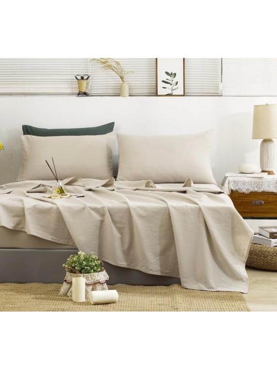 Linen Sheets Queen Size-100% Linen Bed Sheets Set Queen Size, 4Pcs Washed French Flax Linen Sheets Set with Durable Deep Pocket Fitted Sheet & Flat Sheet & 2 Pillowcases, Natural Linen Queen