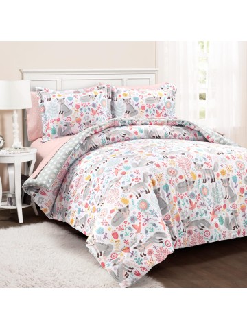 Pixie Fox Reversible Comforter Set, 5 Piece Set, Full, Pink & Gray - Kids Bedding with Sheet Set - Comforter Set for Girls - Toddler Bedding - Floral & Hearts - Woodland Bedroom Decor