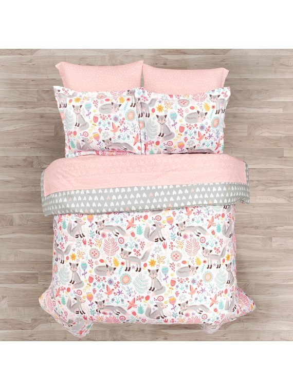 Pixie Fox Reversible Comforter Set, 5 Piece Set, Full, Pink & Gray - Kids Bedding with Sheet Set - Comforter Set for Girls - Toddler Bedding - Floral & Hearts - Woodland Bedroom Decor