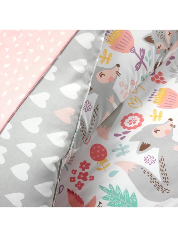 Pixie Fox Reversible Comforter Set, 5 Piece Set, Full, Pink & Gray - Kids Bedding with Sheet Set - Comforter Set for Girls - Toddler Bedding - Floral & Hearts - Woodland Bedroom Decor