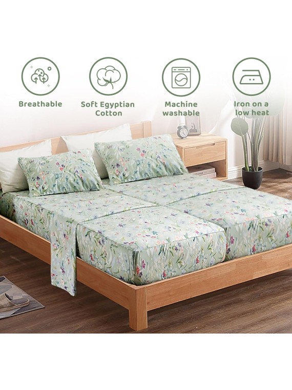 100% Cotton Sheets for Split King Size Bed, Pattern Botanical Luxury Cotton Printed Floral Bedding Sheets Soft and Breathable 5pcs Deep Pocket Queen Sheet Set