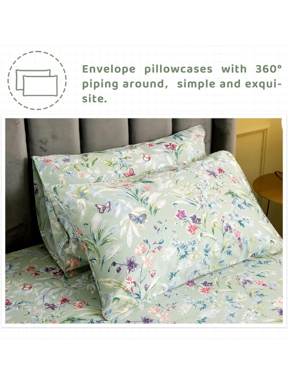 100% Cotton Sheets for Split King Size Bed, Pattern Botanical Luxury Cotton Printed Floral Bedding Sheets Soft and Breathable 5pcs Deep Pocket Queen Sheet Set