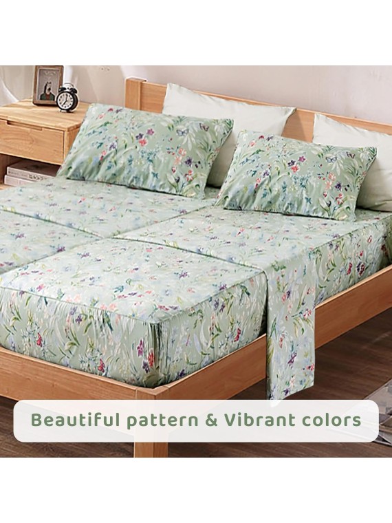 100% Cotton Sheets for Split King Size Bed, Pattern Botanical Luxury Cotton Printed Floral Bedding Sheets Soft and Breathable 5pcs Deep Pocket Queen Sheet Set