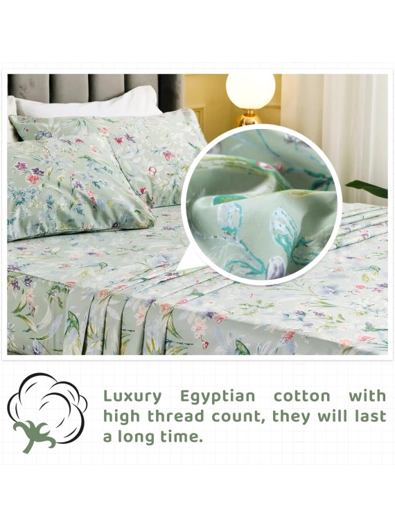 100% Cotton Sheets for Split King Size Bed, Pattern Botanical Luxury Cotton Printed Floral Bedding Sheets Soft and Breathable 5pcs Deep Pocket Queen Sheet Set