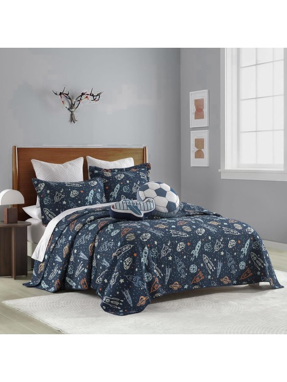 Quilt Queen Size - 100% Cotton Reversible Bedspread Bedding Set for Kids Teens Boys, Rockets Outer Space Planets Pattern Printed Blue Coverlet, 1 Comforter + 2 Pillow Shams