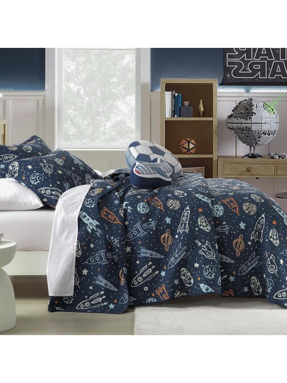 Quilt Queen Size - 100% Cotton Reversible Bedspread Bedding Set for Kids Teens Boys, Rockets Outer Space Planets Pattern Printed Blue Coverlet, 1 Comforter + 2 Pillow Shams