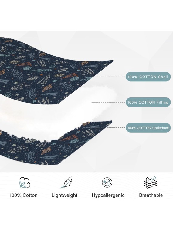 Quilt Queen Size - 100% Cotton Reversible Bedspread Bedding Set for Kids Teens Boys, Rockets Outer Space Planets Pattern Printed Blue Coverlet, 1 Comforter + 2 Pillow Shams
