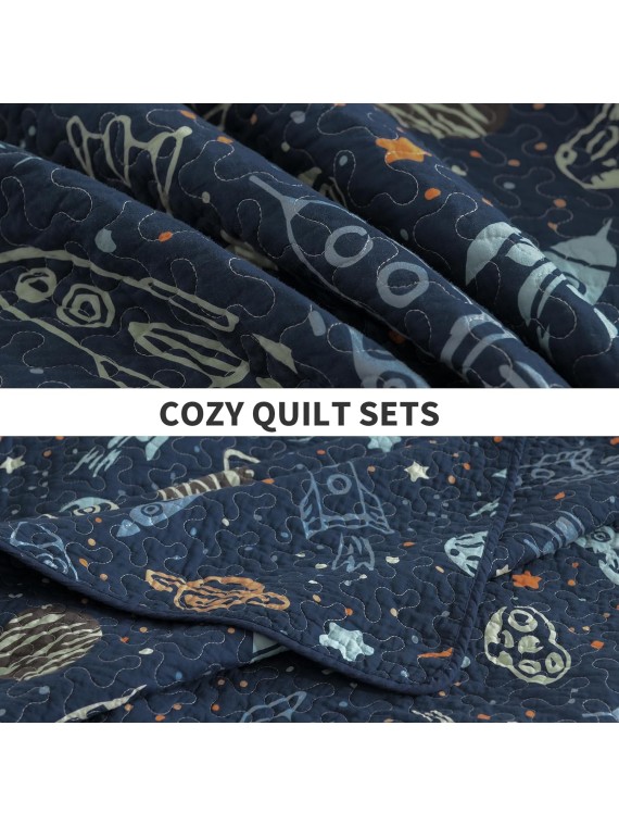 Quilt Queen Size - 100% Cotton Reversible Bedspread Bedding Set for Kids Teens Boys, Rockets Outer Space Planets Pattern Printed Blue Coverlet, 1 Comforter + 2 Pillow Shams