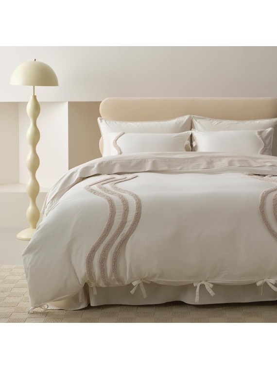 Double Stitch by Bedsure Cotton Tufted Duvet Cover Set - Boho Duvet Cover King, 300 TC Modern Duvet Cover Set King, Luxury Bedding Set, Hand Crafted in India, 1 Duvet Cover, 2 Shams, Cream