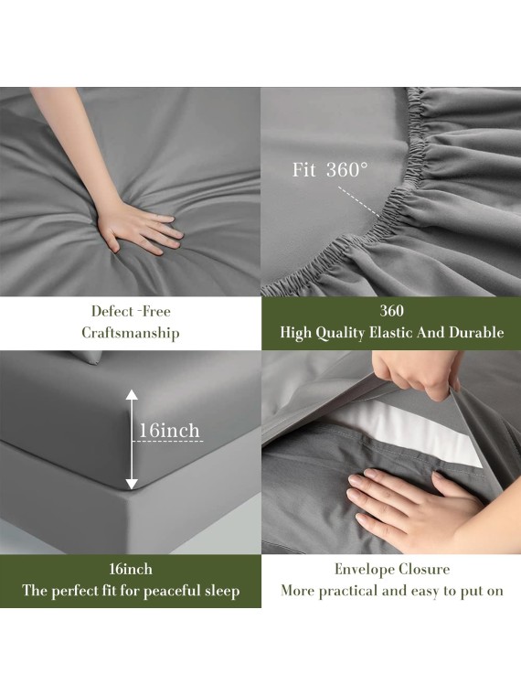 100% Egyptian Cotton King Size Sheets Set - 1000 Thread Count，Luxury Cotton Bed Sheets，Breathable & Cooling Bedding and Pillow Cases, 16 Inch Deep Pocket - 4 Piece (King, Grey)