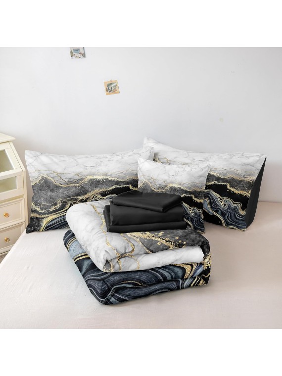 Marble Comforter Bedding Set California King Size 8 Pieces Abstract Marble Bed in a Bag Comforter Set for Kids 1 Comforter, 4 Pillowcases, 1 Flat Sheet, 1 Fitted Sheet, 1 Cushion Cover