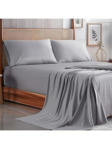 100% Viscose Derived from Bamboo, Soft Cooling Bedding with Silk Satin Finish,Extra Deep Pocket, Hypoallergenic, Breathable, 4 Piece King Size Luxury Hotel Gray Bed Sheet Set, Oeko-Tex Certified