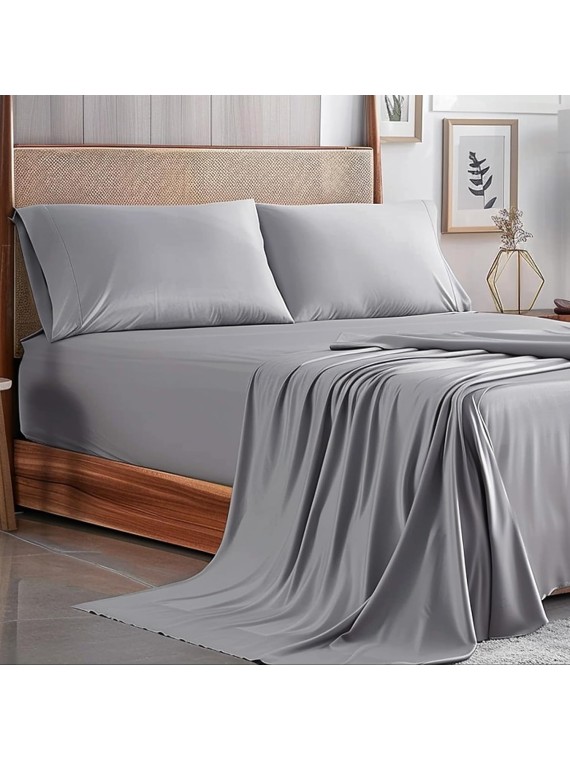 100% Viscose Derived from Bamboo, Soft Cooling Bedding with Silk Satin Finish,Extra Deep Pocket, Hypoallergenic, Breathable, 4 Piece King Size Luxury Hotel Gray Bed Sheet Set, Oeko-Tex Certified