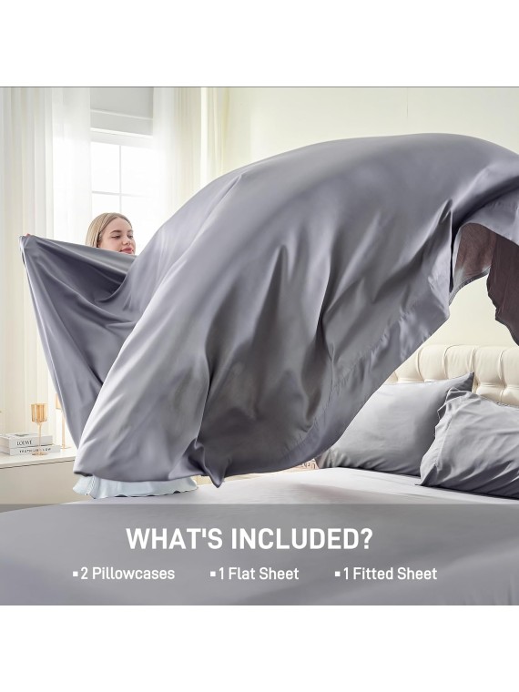 100% Viscose Derived from Bamboo, Soft Cooling Bedding with Silk Satin Finish,Extra Deep Pocket, Hypoallergenic, Breathable, 4 Piece King Size Luxury Hotel Gray Bed Sheet Set, Oeko-Tex Certified
