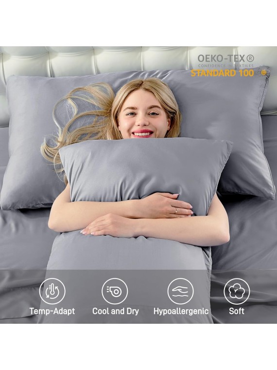 100% Viscose Derived from Bamboo, Soft Cooling Bedding with Silk Satin Finish,Extra Deep Pocket, Hypoallergenic, Breathable, 4 Piece King Size Luxury Hotel Gray Bed Sheet Set, Oeko-Tex Certified