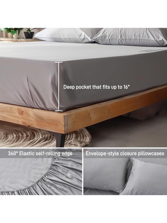 100% Viscose Derived from Bamboo, Soft Cooling Bedding with Silk Satin Finish,Extra Deep Pocket, Hypoallergenic, Breathable, 4 Piece King Size Luxury Hotel Gray Bed Sheet Set, Oeko-Tex Certified