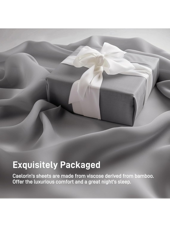 100% Viscose Derived from Bamboo, Soft Cooling Bedding with Silk Satin Finish,Extra Deep Pocket, Hypoallergenic, Breathable, 4 Piece King Size Luxury Hotel Gray Bed Sheet Set, Oeko-Tex Certified