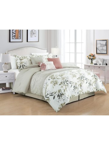 7-Piece Floral Botanical Comforter Set Queen - Floral Embroidery Multicolor Taupe-Green Gray White Botanical Leaves Printed Microfiber Lightweight Bedding Set