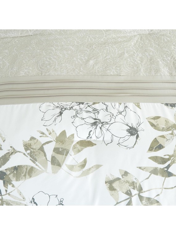 7-Piece Floral Botanical Comforter Set Queen - Floral Embroidery Multicolor Taupe-Green Gray White Botanical Leaves Printed Microfiber Lightweight Bedding Set
