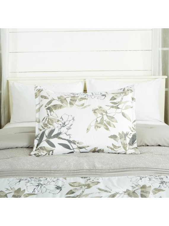 7-Piece Floral Botanical Comforter Set Queen - Floral Embroidery Multicolor Taupe-Green Gray White Botanical Leaves Printed Microfiber Lightweight Bedding Set