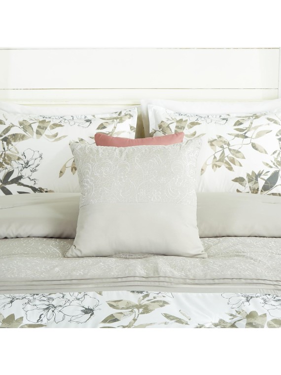 7-Piece Floral Botanical Comforter Set Queen - Floral Embroidery Multicolor Taupe-Green Gray White Botanical Leaves Printed Microfiber Lightweight Bedding Set