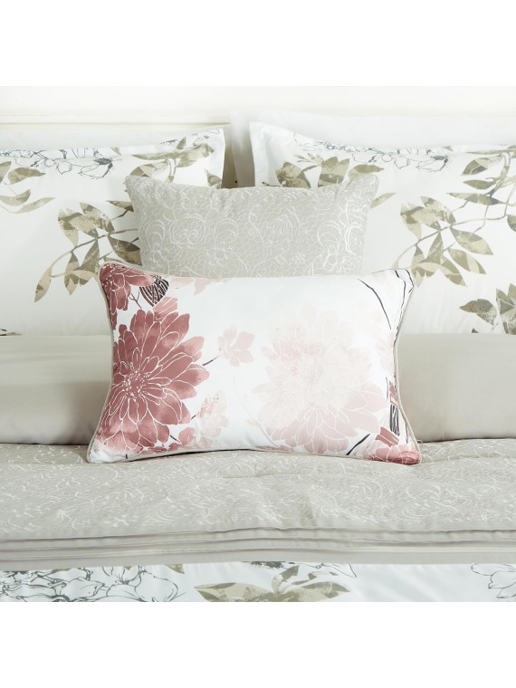 7-Piece Floral Botanical Comforter Set Queen - Floral Embroidery Multicolor Taupe-Green Gray White Botanical Leaves Printed Microfiber Lightweight Bedding Set
