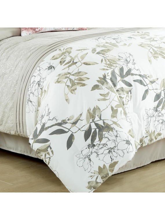 7-Piece Floral Botanical Comforter Set Queen - Floral Embroidery Multicolor Taupe-Green Gray White Botanical Leaves Printed Microfiber Lightweight Bedding Set