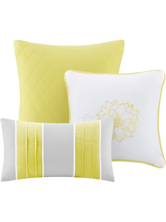 Lola Sateen Cotton Comforter Set-Casual Medallion Floral Design All Season Down Alternative Bedding, Shams, Bedskirt, Decorative Pillows, King, Grey/Yellow 7 Piece