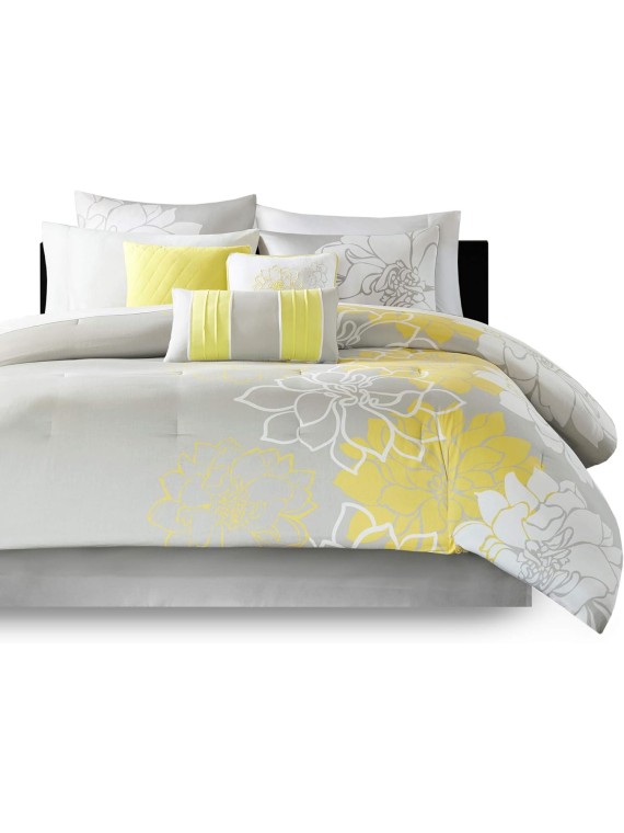 Lola Sateen Cotton Comforter Set-Casual Medallion Floral Design All Season Down Alternative Bedding, Shams, Bedskirt, Decorative Pillows, King, Grey/Yellow 7 Piece