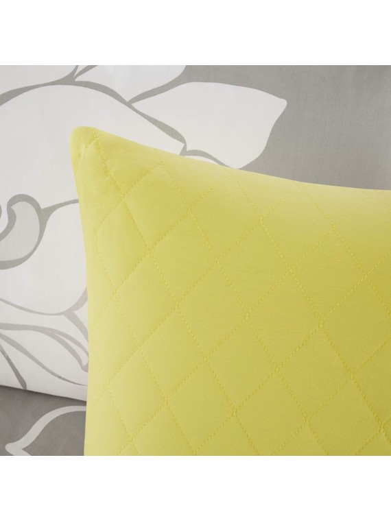 Lola Sateen Cotton Comforter Set-Casual Medallion Floral Design All Season Down Alternative Bedding, Shams, Bedskirt, Decorative Pillows, King, Grey/Yellow 7 Piece