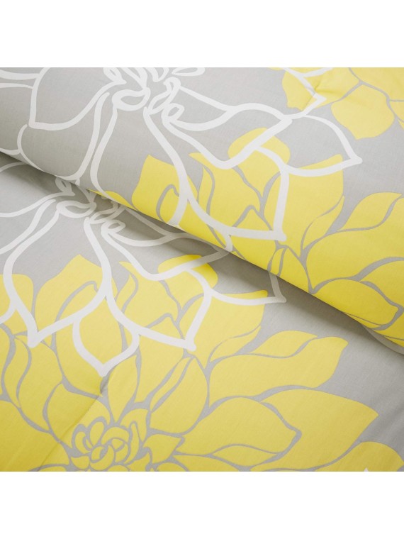 Lola Sateen Cotton Comforter Set-Casual Medallion Floral Design All Season Down Alternative Bedding, Shams, Bedskirt, Decorative Pillows, King, Grey/Yellow 7 Piece