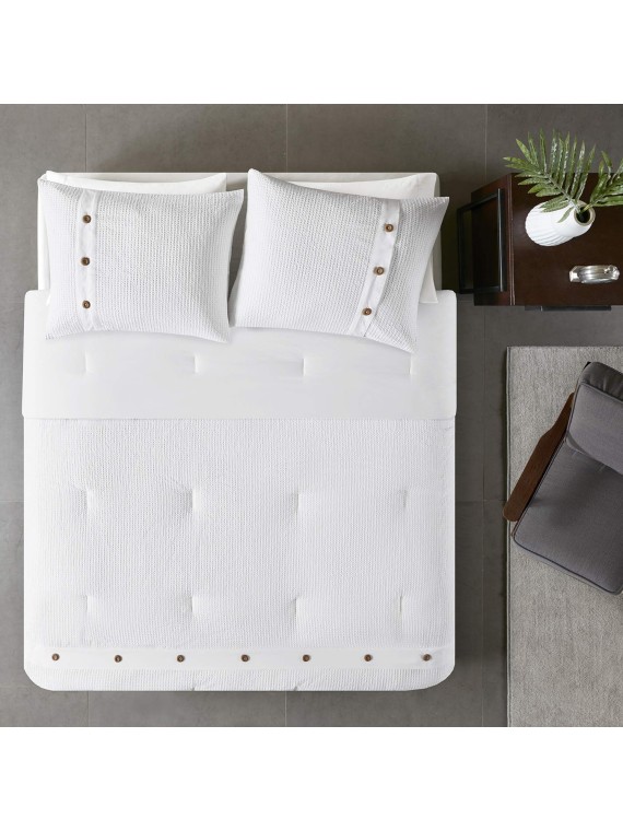 Cozy Cotton Comforter Set Casual Modern Design All Season Bedding, Matching Shams, King/California King (104 in x 92 in), White 3 Piece