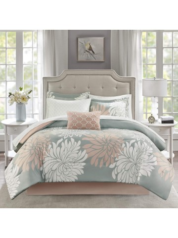 Maible Cozy Bed in A Bag Comforter with Complete Cotton Sheet Set-Floral Medallion Damask Design All Season Cover, Decorative Pillow, Cal King(104"" x92), Floral Blush 9 Piece