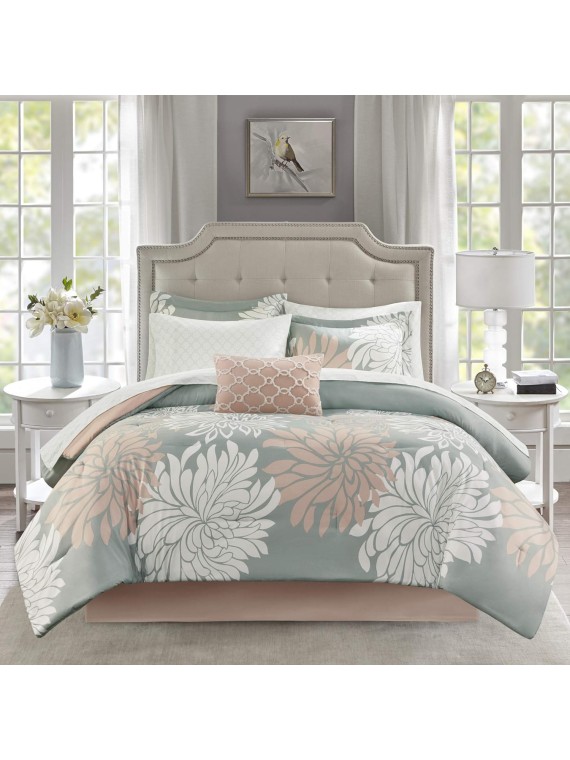 Maible Cozy Bed in A Bag Comforter with Complete Cotton Sheet Set-Floral Medallion Damask Design All Season Cover, Decorative Pillow, Cal King(104"" x92), Floral Blush 9 Piece