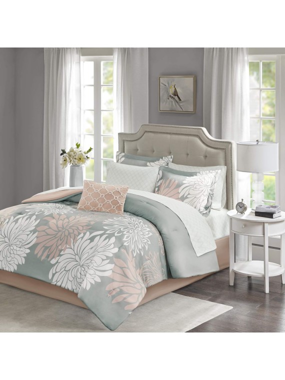 Maible Cozy Bed in A Bag Comforter with Complete Cotton Sheet Set-Floral Medallion Damask Design All Season Cover, Decorative Pillow, Cal King(104"" x92), Floral Blush 9 Piece